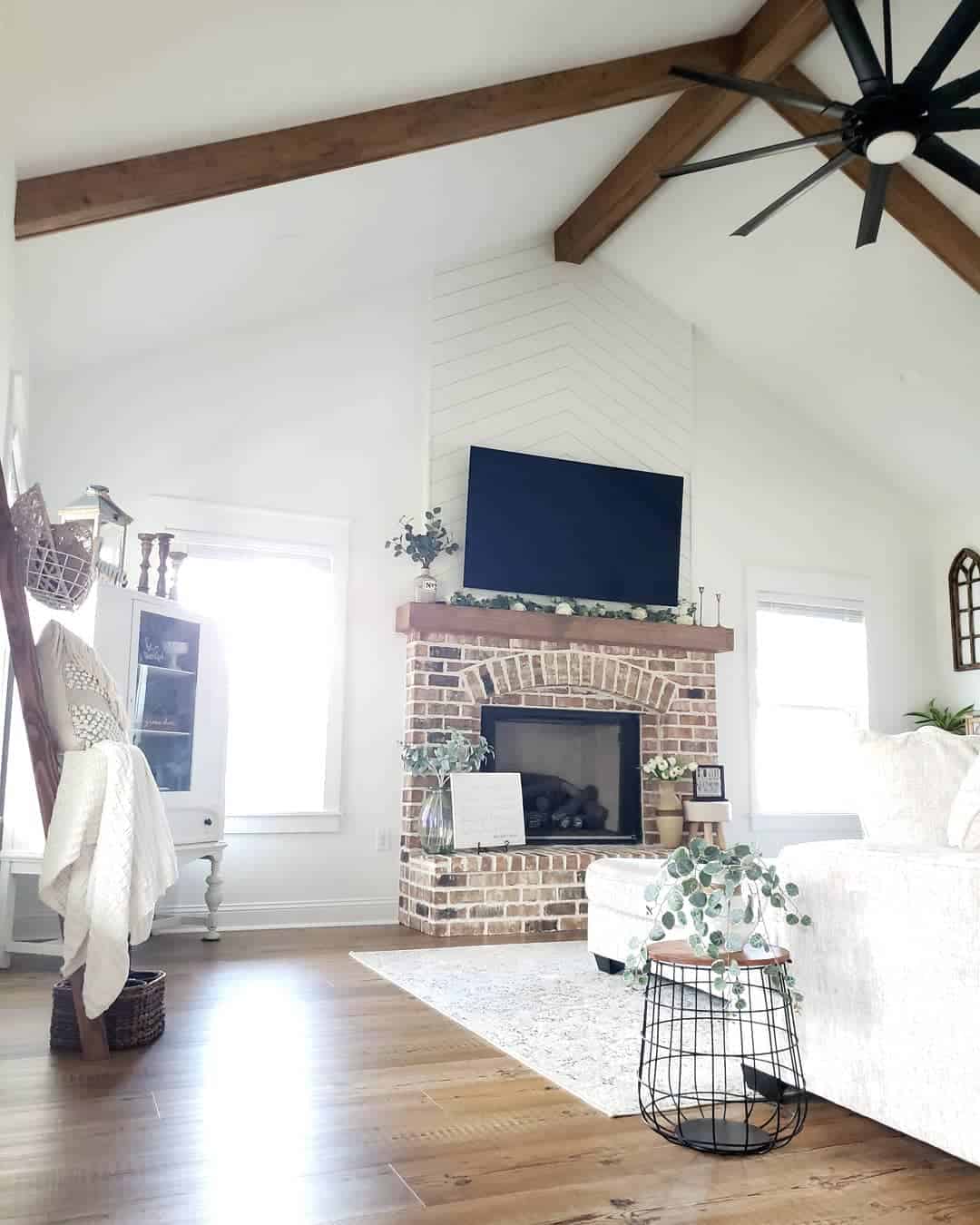 Fireplace with Vaulted Ceiling and Chevron Shiplap - Soul & Lane