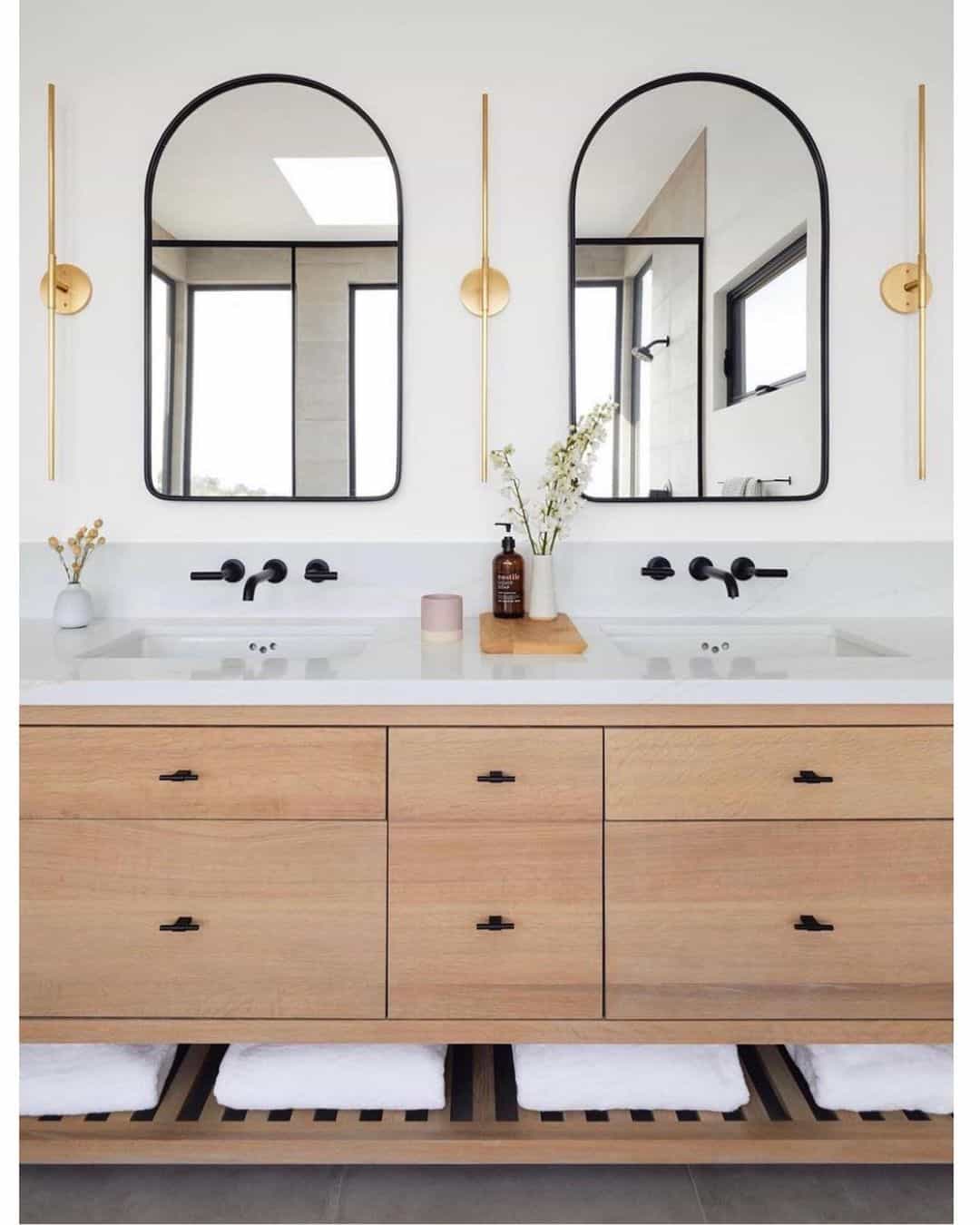 Arched Mirrors Over Light Wood Vanity - Soul & Lane