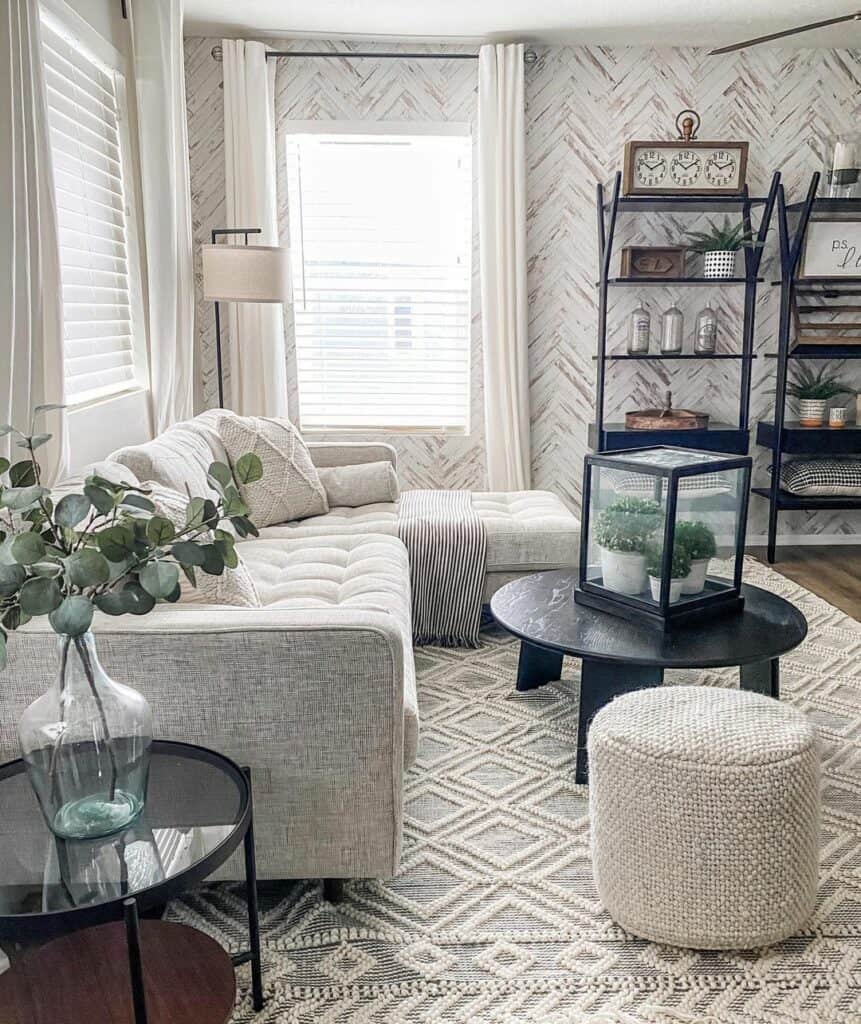Modern Herringbone Wallpaper In Neutral Living Room - Soul & Lane