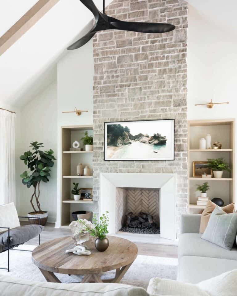 Vaulted Ceiling with Stone Chimney Fireplace - Soul & Lane