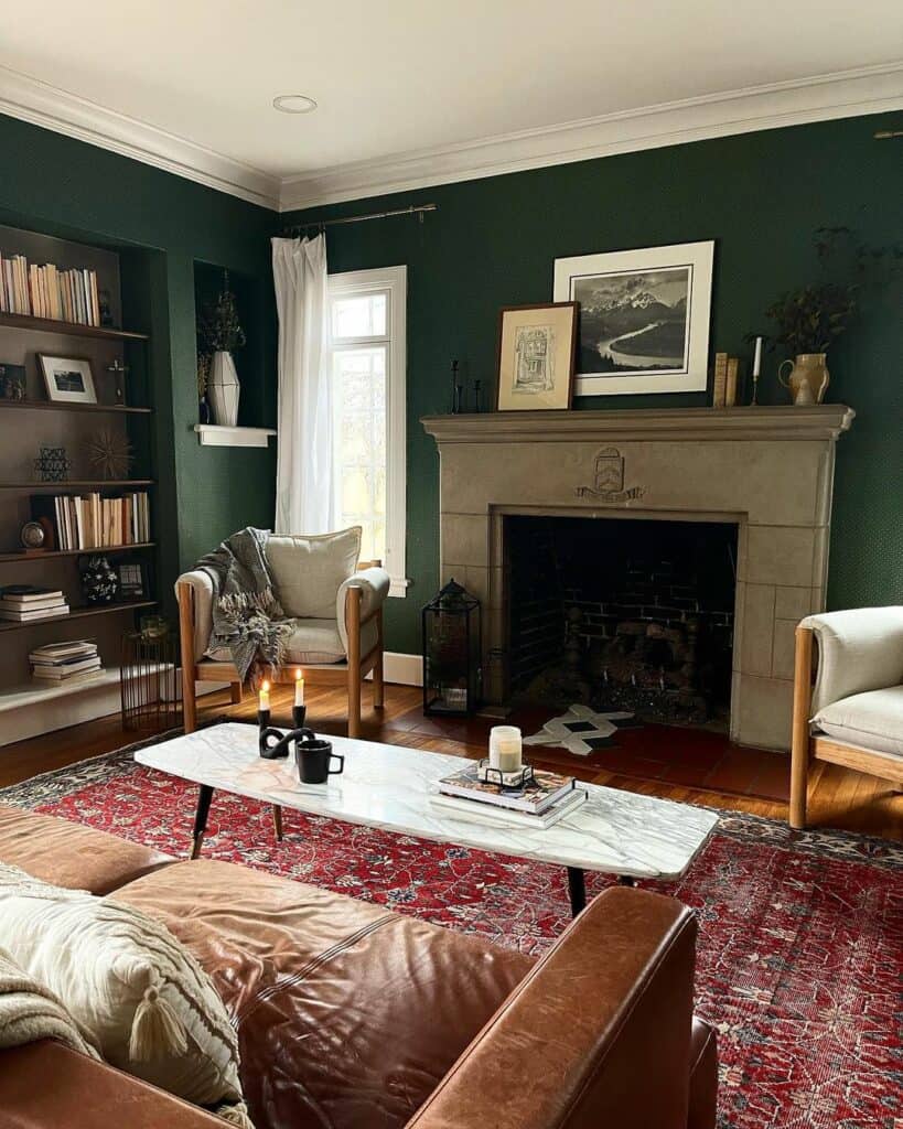Cozy and Warm Living Room With Dark Green Walls - Soul & Lane