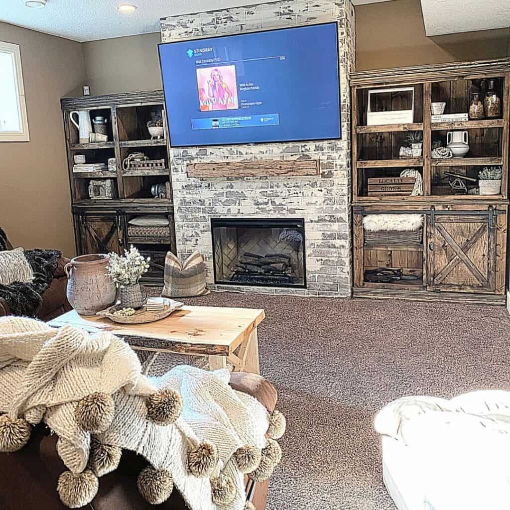 Rustic Farmhouse Living Room With Wooden Built-in Shelves - Soul & Lane