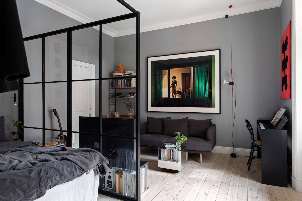 A Gray Studio Apartment with an Industrial Room Divider - The Nordroom