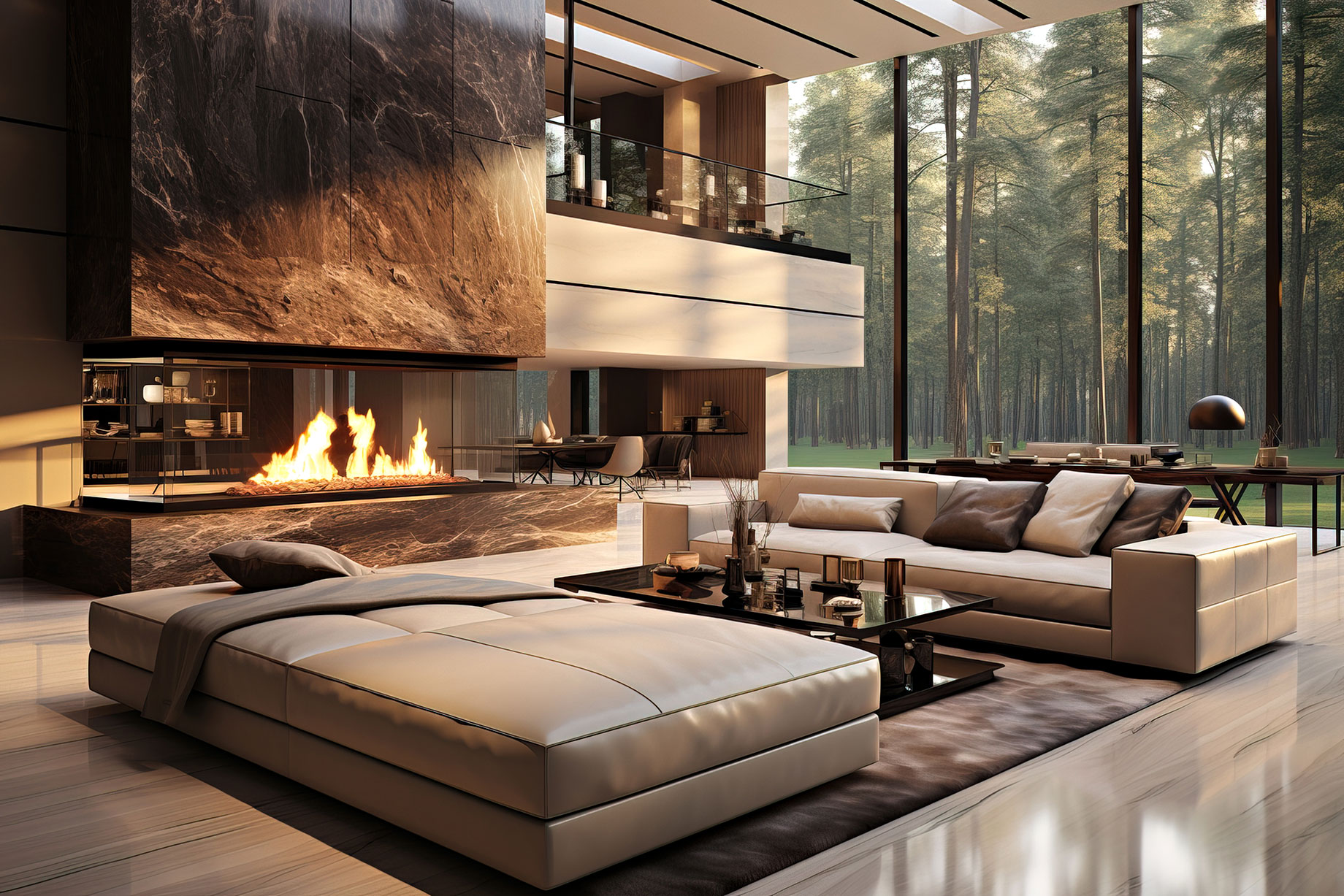 Textured Narratives – Luxury High-Ceiling Living Room, Large Couches, Tall Stone Fireplace, and ...