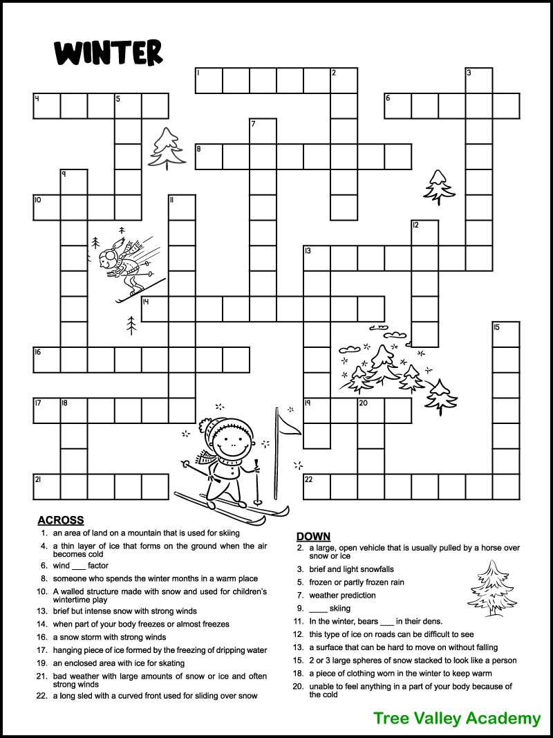 Printable Winter Crossword Puzzles for Kids - Tree Valley Academy