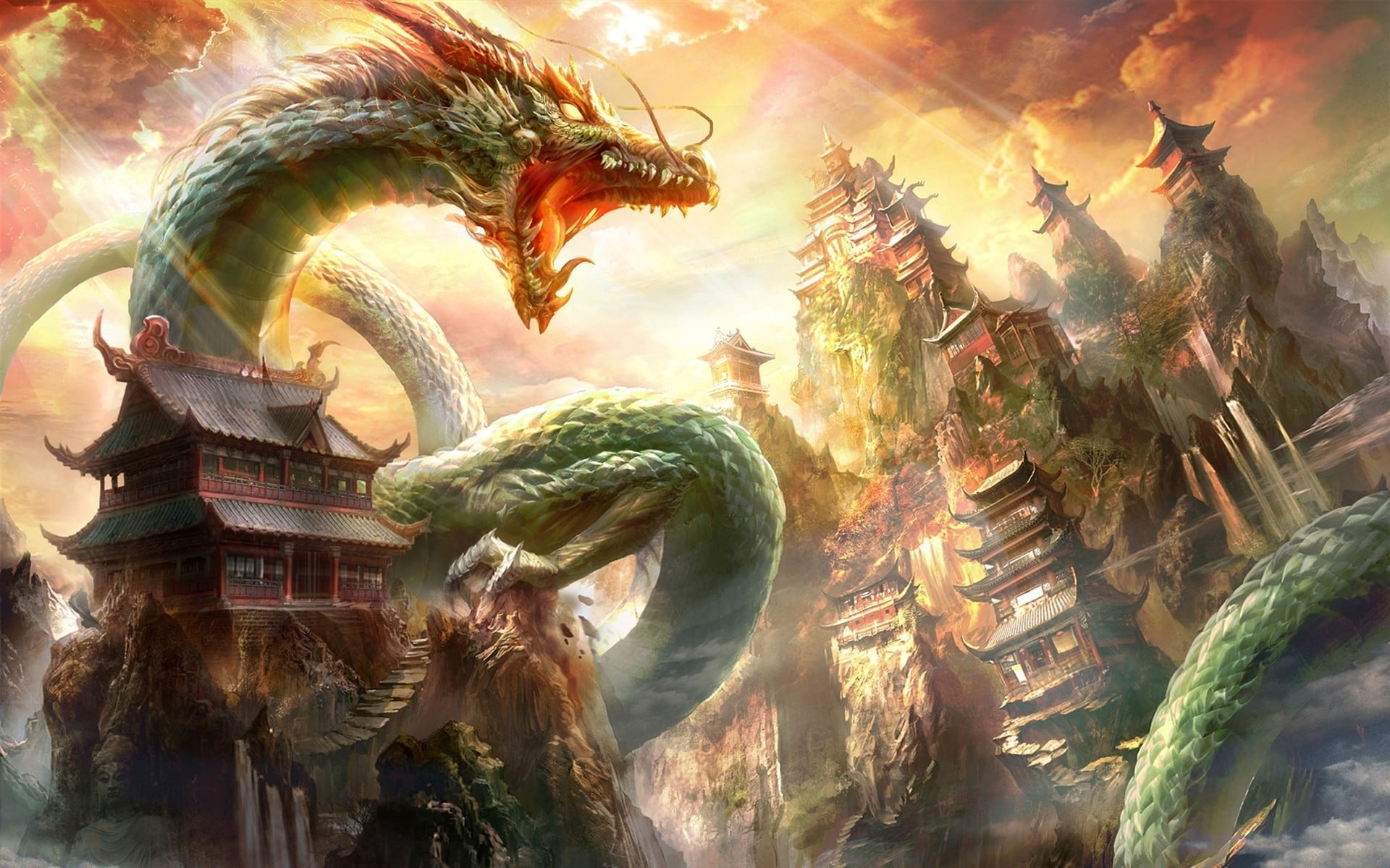 Wyrm And Temple On Mountain Digital Wallpaper, Fantasy Art, Dragon, Chinese Architecture...